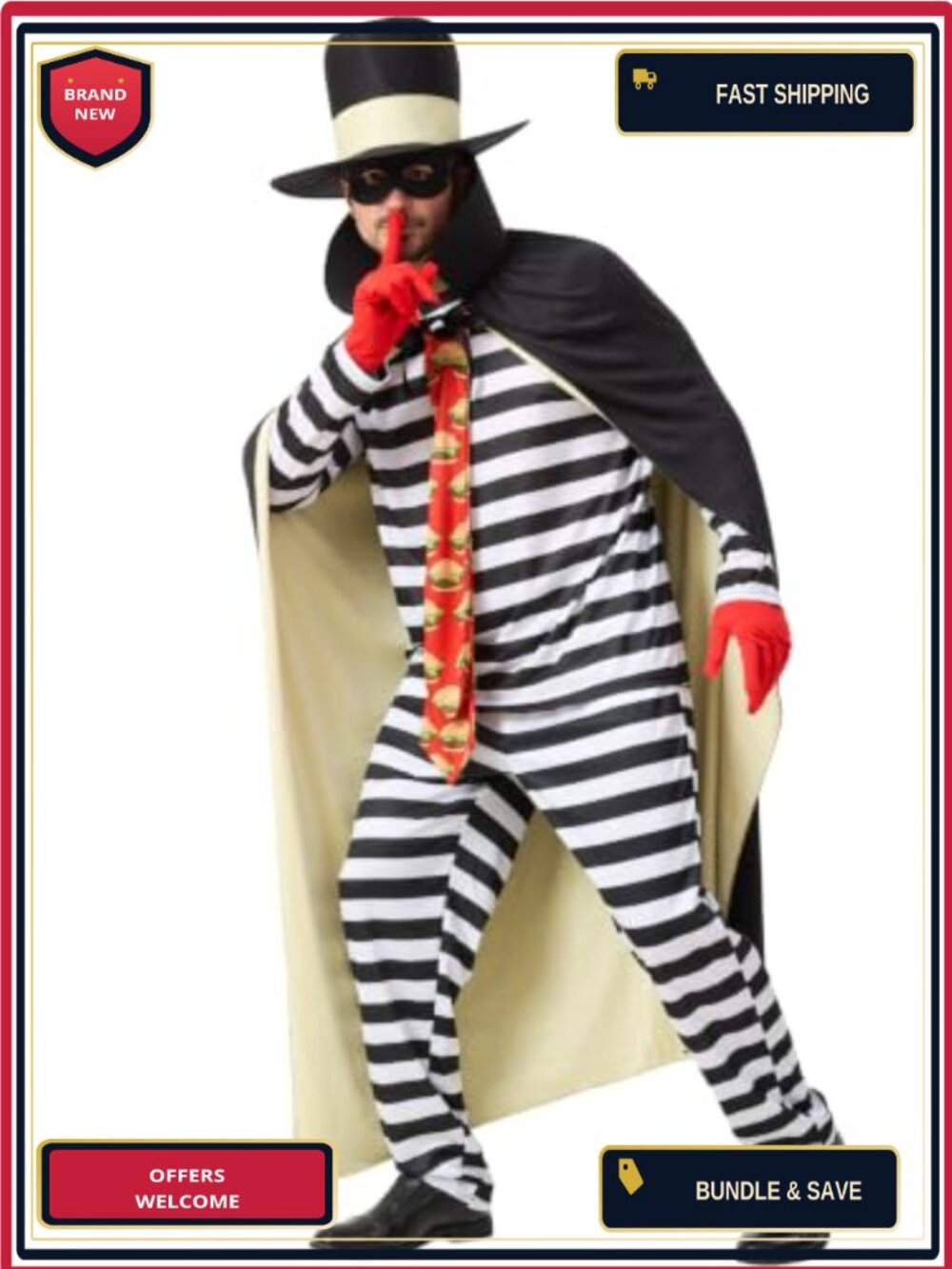 7-Piece Men's Hamburger Robber Halloween Costume Set Polyester Adult